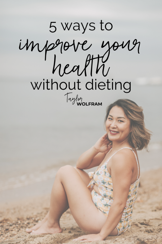 Smiling Asian woman in bathing suit on beach with text overlay that says "5 ways to improve your health without dieting" by Taylor Wolfram