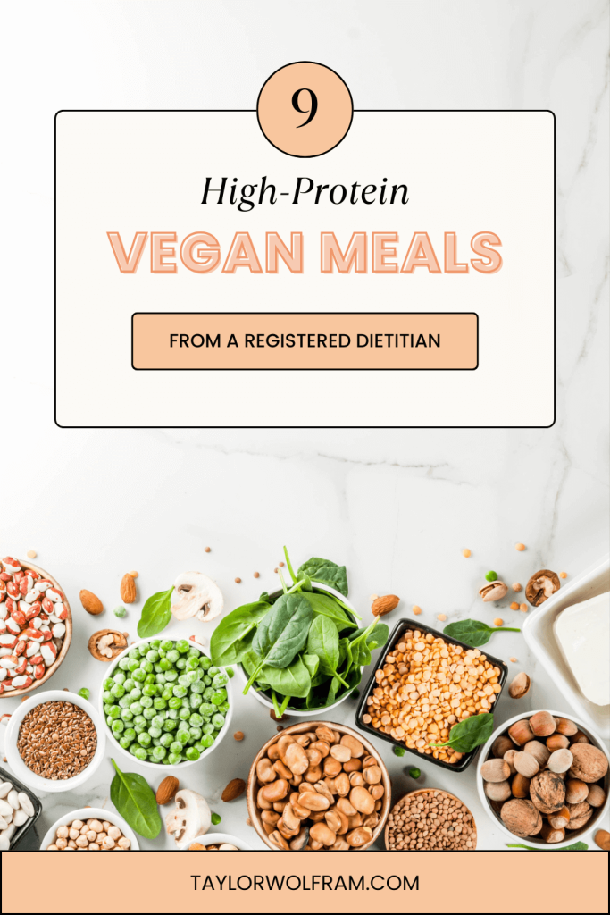 A variety of high-protein vegan foods including nuts, lentils, peas, beans, seeds.
