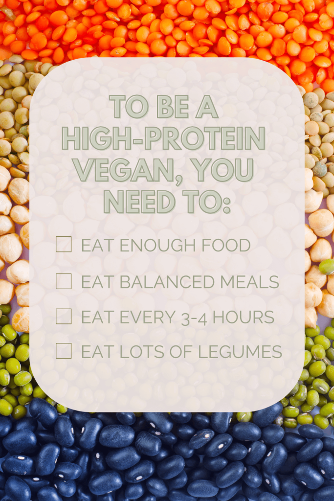 High-protein vegan foods: red lentils, green lentils, chickpeas, split peas, black beans.