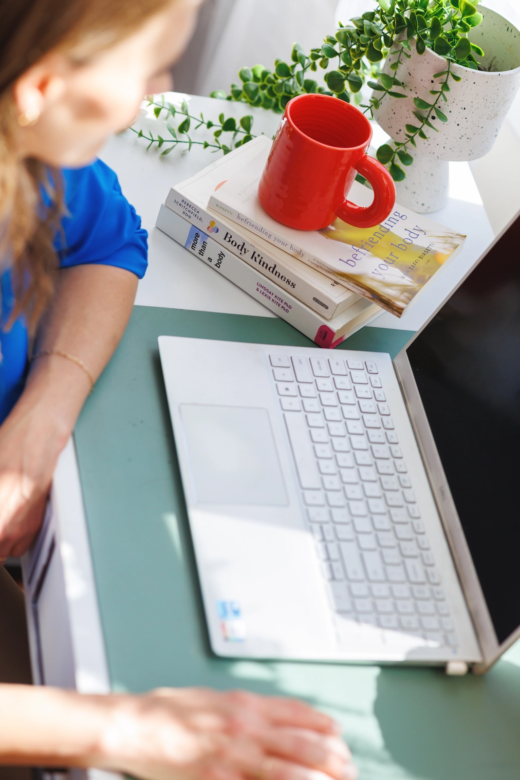 A Chicago dietitian sits at a desk with a white laptop, three stacked books, a red mug, and a potted plant in sunlight.
